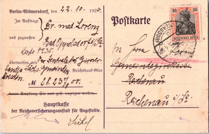 Germany 30pf Germania 1920 Berlin, Wilmersdorf Commercial Postcard to Richena...