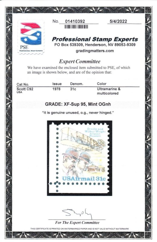 MOstamps- US #C92 Mint OG NH Grade 95 with PSE Cert - Lot # MO-5241 SMQ $70