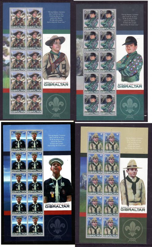 Gibraltar-Sc#1080-3-four unused NH sheets-Scouts-Europa-2007-