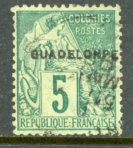 Guadeloupe 1891 French Colony 5¢ Green ERROR GUADELONPE SG #23e VFU D918