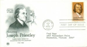 SCOTT # 2038 FDC, JOSEPH PRIESTLEY, ARTCRAFT CACHET, TYPED ADDRESS, GREAT PRICE!