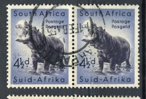 SOUTH AFRICA; 1954 early Wildlife Hippo issue 4.5d used PAIR