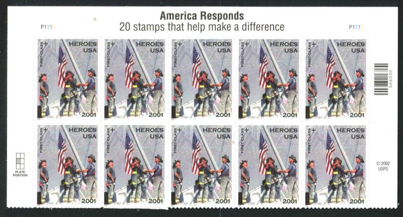 Sc# B2 - 2001 Semi-Postal Stamps - 45¢ Heroes of Top Banner Plate Block 