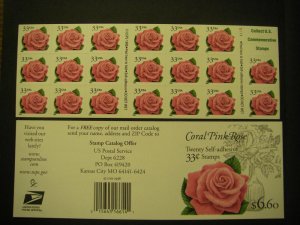 Scott 3052d, 33c Pink Rose, Booklet pane of 20, #S111, MNH Booklet Beauty