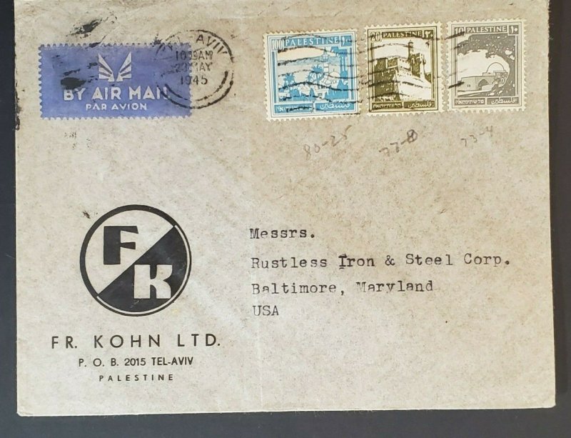 1945 Palestine to Baltimore Maryland FR Kohn Steel Co Advertising Air Mail Cover