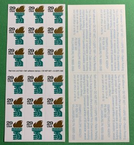 US SCOTT # 2531AB-29 CENT LIBERTY TORCH ATM (BKLET PANE OF 18) STAMPS, 1991. MNH