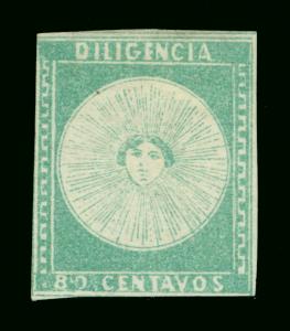 URUGUAY 1856  DILIGENCIAS  80c green  - Pos. 22 -  Scott # 2  MINT MH - Scarce