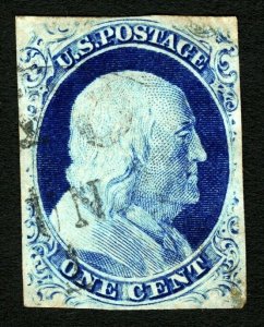 U.S. #9 1c Blue 1852 Imperf Franklin Faintly Used with Face-Free Cancel