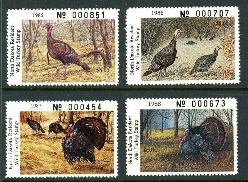 NORTH DAKOTA TURKEY STAMPS 1985, 1986, 1987, 1988 VF NH Cat $64