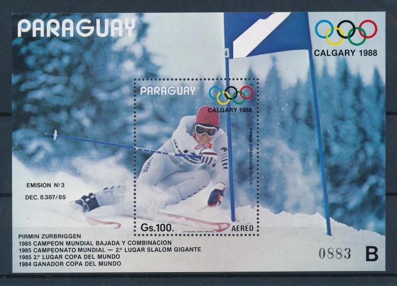 [55497] Paraguay 1987 Olympic games Calgary Pirmin Zubriggen MNH B Sheet