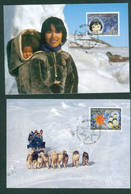 Greenland. 2 FD. 1996  Maximumcard. Dogsled,Mother Child. Christmas Stamps.