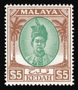 Malaya - Kedah 1950 $5 green & brown P17½x18 superb MNH. SG 90. Sc 81.