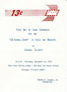 USPS 1st Day Ceremony Program C79a/83-C1 13c Airmail Booklets & Coils 12/27/1973