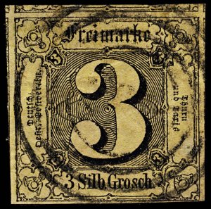 4209: Thurn and Taxis SG11 3 Groschen Black on Yellow. 1852. Sc#7 Mi6a Fine U...