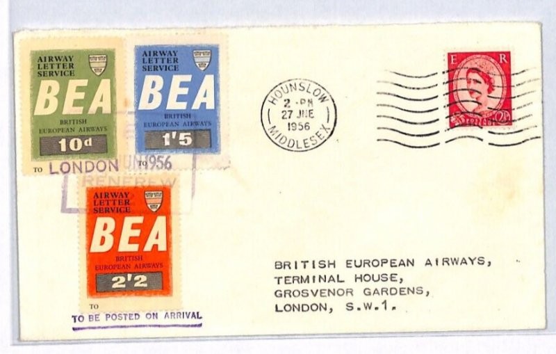 GB Scotland Air Mail Cover BEA Stamps Renfrew Hounslow Middx London 1956 YW59