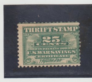 US Scott # WS1 25cent Unused Mint No Gum US War Savings Thrift Stamp