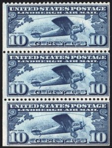 SC#C10a 10¢ Lindbergh Flight Booklet Pane of Three: No Tab (1927) MNH