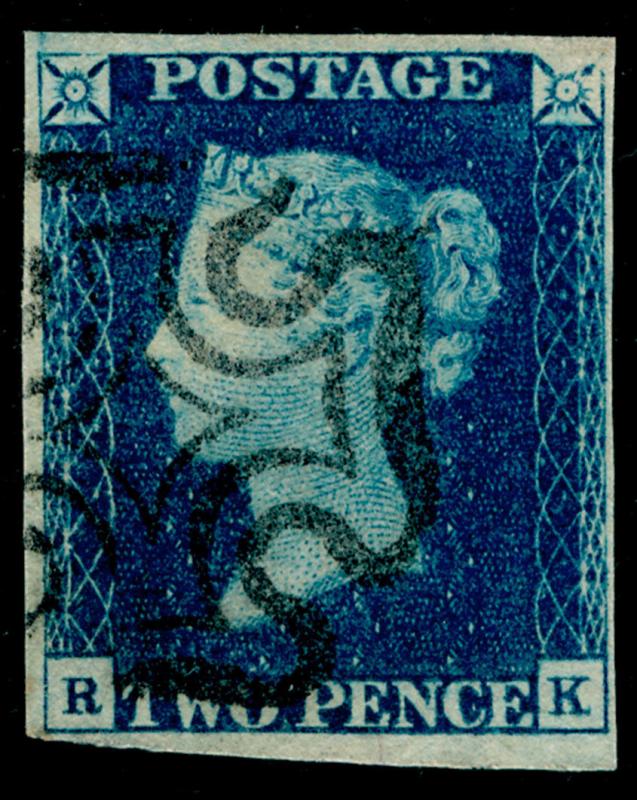 SG4, 2d deep FULL blue PLATE 2, FINE USED. Cat £1250. BLACK MX. 4 MARGINS. RK