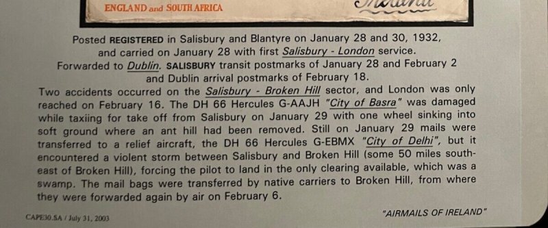 1932 South Africa Airmail FFC Double Crash Cover Salisbury to Dublin Ireland 2
