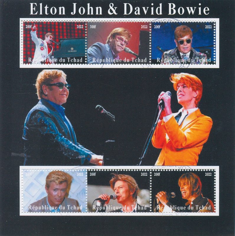 Elton John & David Bowie Stamps Chad 2022 CTO Music Singers Celebrities 6v M/S