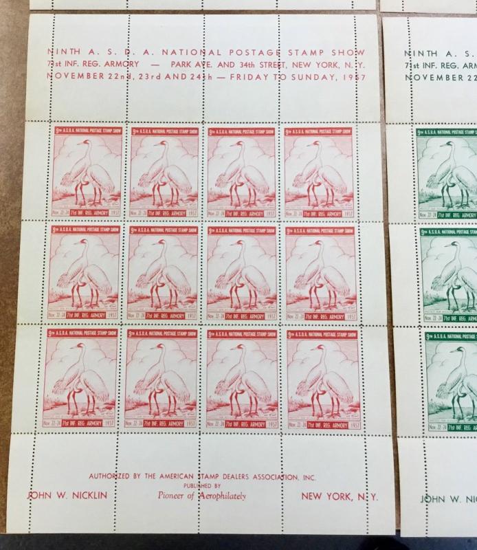 4 mint sheets 9th ASDA National Postage Stamp Show NY - 1957 LABELS Fullsheets