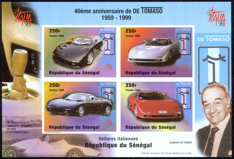 Senegal Sc# 1346 MNH Souvenir Sheet IMPERF (ERROR) 1999 De Tomaso Autos 40th