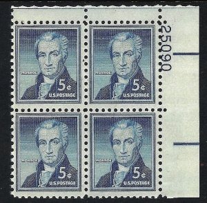 USA 1954 Scott 1038 Plate Block Monroe mnh fvf
