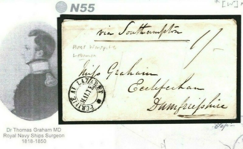 LEBANON HMS WARSPITE Cover GB NAVAL SURGEON Disinfected MALTA 1845 RARE N55