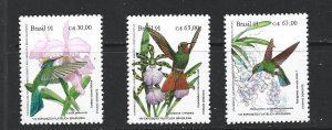BRAZIL - 1991 ORCHIDS AND HUMMINGBIRDS - SCOTT 2335 TO 2337 - MNH