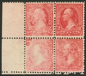 US #267 2¢ carmine, wonderful example of INK STARVATION, Margin Blk of 4, hinged