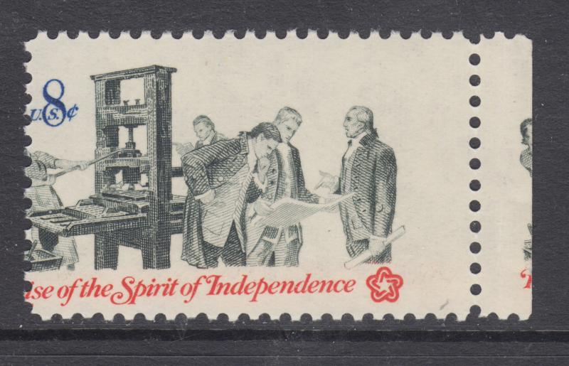 US Sc 1476 MNH. 1973 8c Spirit of Independence, MISPERF w/ Gutter Snipe, ERROR