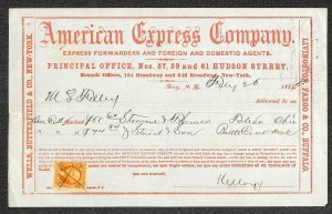 USA R15c REVENUE STAMP AMERICAN EXPRESS CO. OHIO TO MICHIGAN TROY NEW YORK 1865