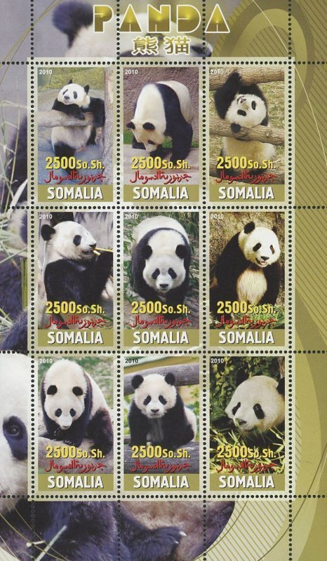 Somalia Wild Animal Panda Bear Souvenir Sheet of 9 Stamps Mint NH