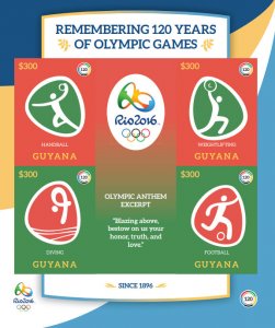Guyana 2016 - Rio Olympics - Sheet of 4 IMPERF Stamps - Scott #4477 - MNH