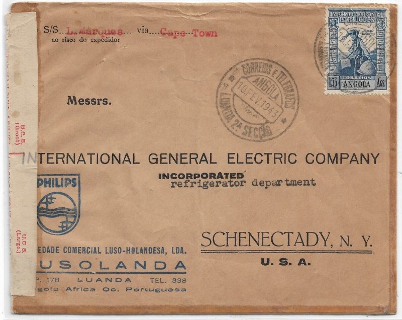 Luanda, Angola to Schenectady, NY 1943 South African Censor (C5642)