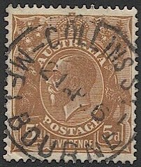 AUSTRALIA 1930 5d KGV, Sc 75, Used, COLLINS ST. / MELBOURNE postmark/cancel