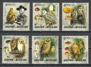 Guinea Bissau, Mi cat. 2619-2624 A. Scout B. Powell on Mushrooms & Owls issue. ^