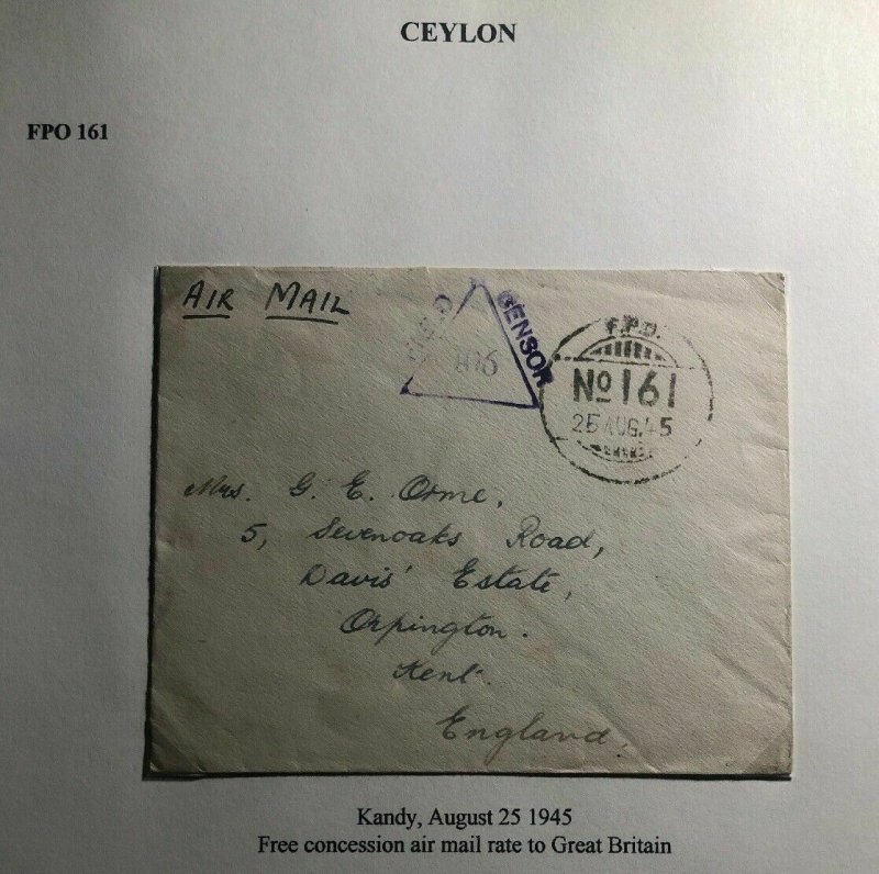 1945 Kandy Ceylon Army Base FPO 161 Airmail  Cover To Orpington England