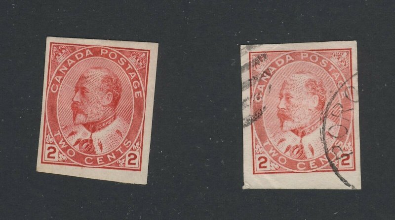 2x Canada Edward VII Stamps 2x #90A - 2c Imperforate 1xMH 1xU GV $55.00