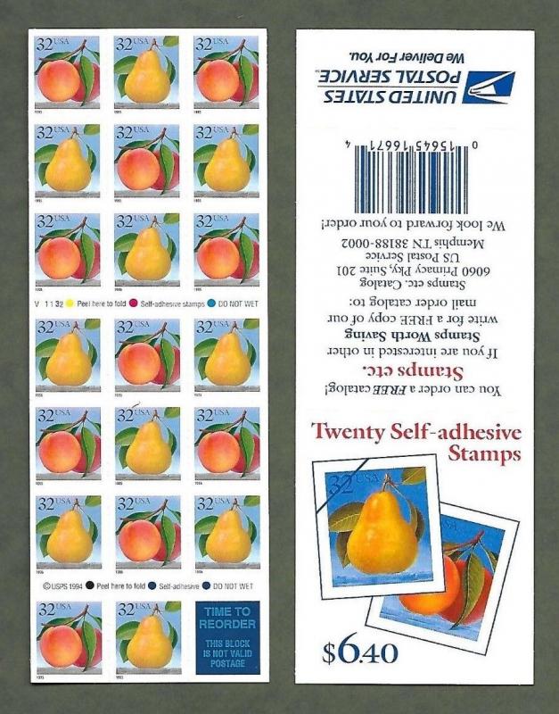   2494a.  Peach & Pear,  V12211.  Pane of 20.  MNH  32¢.  Issued in 1995.