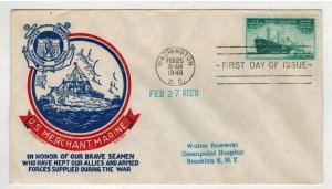 WW2 Patriotic FDC 1946 US MERCHANT MARINE 939-20 RAISED PRINT HONOR BRAVE SEAMEN
