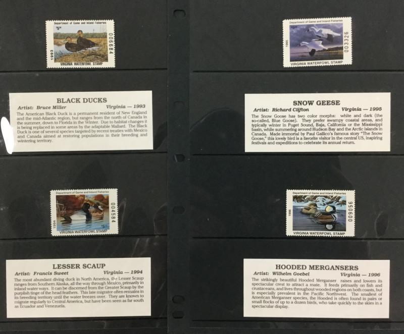 (BJ Stamps) VIRGINIA STATE DUCK STAMP collection (6). 1993-1998. VF, MNH.