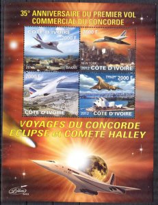 Ivory Coast 2012 Space Concorde Eclipse Haley Comet Sheet MNH