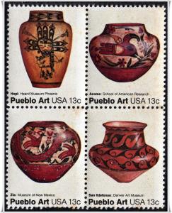 SC#1706-09 13¢ Pueblo Pottery Block of Four (1977) MNH