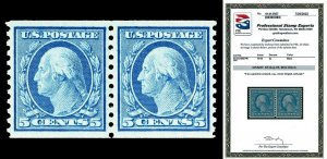 Scott 496 1919 5c Washington Coil Mint Pair Graded XF-Sup 95 NH with PSE CERT!