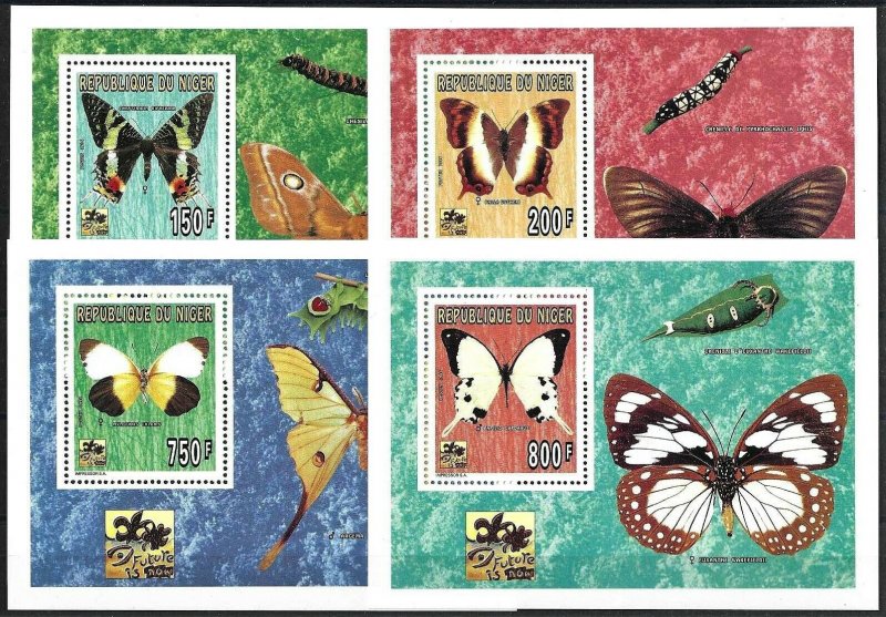 1996 Niger Butterflies, Farfalle complete set in 4 Single Sheets VF/MNH! LOOK!