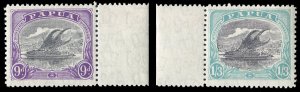 Papua New Guinea #92-93 Cat$24+, 1932 9p and 1sh6p, sheet margin singles, 9p ...