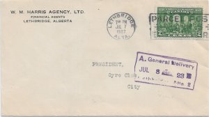 1928 Lethbridge to Lethbridge, Canada solo 2c Confederation Issue (56749)