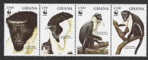 Ghana #1674-7 MNH strip of 4, WWF, Diana monkeys, issued 1994