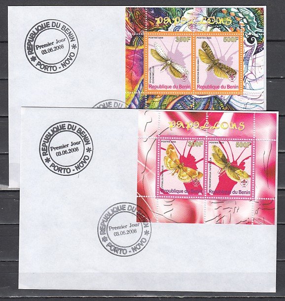 Benin, 2008 Cinderella issue. Butterflies & Moths on 2 first day covers. ^